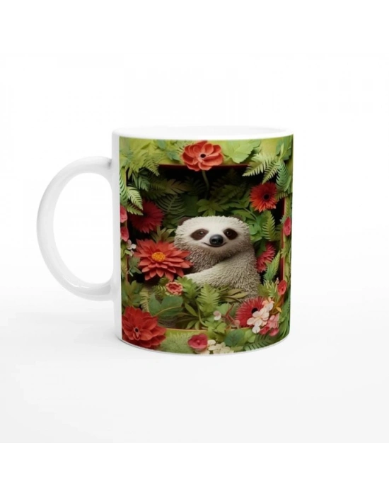 Çiçekler Arasında Gülümseyen Tembel Hayvan Temalı Baskılı Kupa Bardak-2