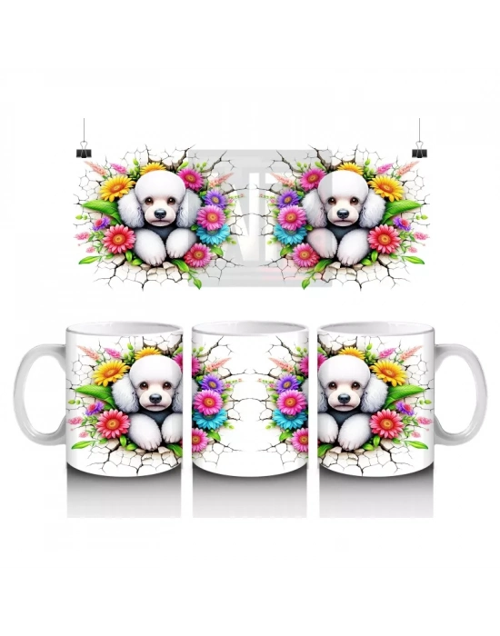 Çiçekler Arasında İkiz Beyaz Yavru Köpekler – Baskılı Kahve Kupası