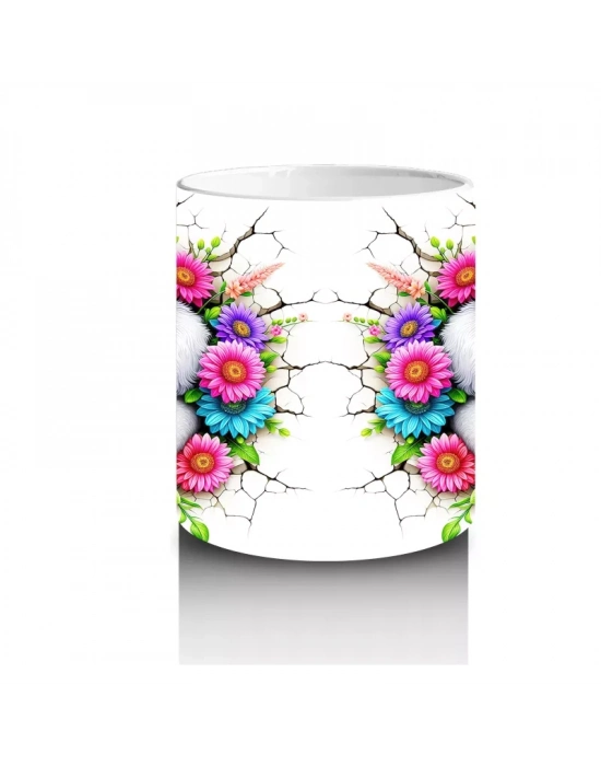 Çiçekler Arasında İkiz Beyaz Yavru Köpekler – Baskılı Kahve Kupası