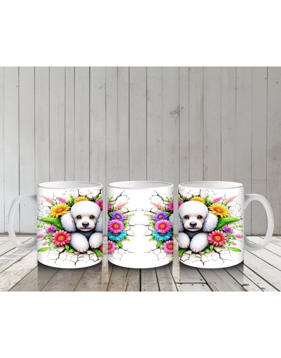 Çiçekler Arasında İkiz Beyaz Yavru Köpekler – Baskılı Kahve Kupası