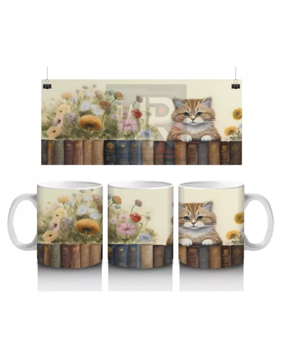 Çiçekler Arasında Kitaplık Üzerine Oturmuş Kedi - Baskılı kahve