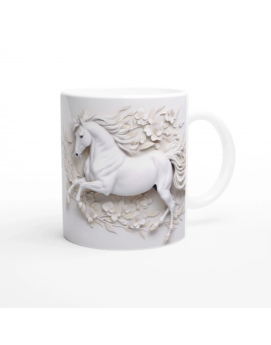 Çiçekler Arasında Koşan Beyaz At Temalı Baskılı Kupa Bardak