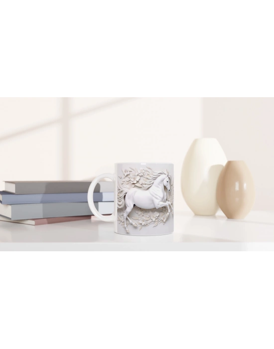 Çiçekler Arasında Koşan Beyaz At Temalı Baskılı Kupa Bardak