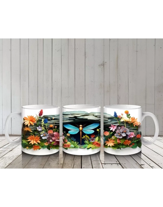 Çiçekler Arasında Mavi Yusufçuk Kompozisyonu - Baskılı kahve kupası