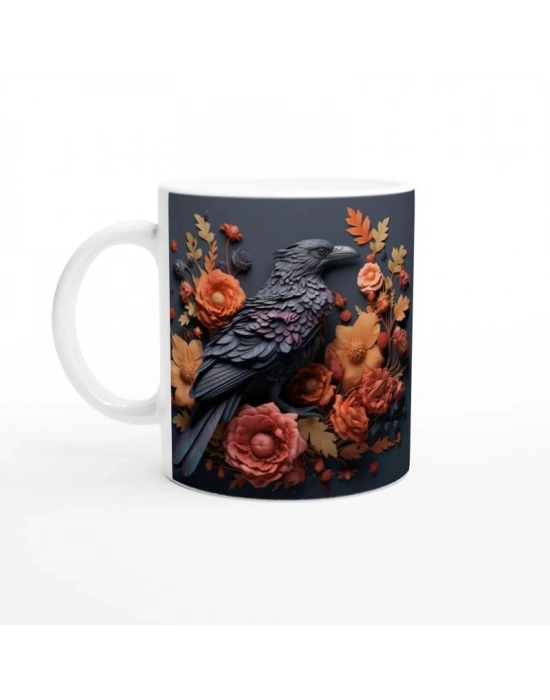 Çiçekler Arasında Mor Tüyleriyle Karga Temalı Baskılı Kupa Bardak