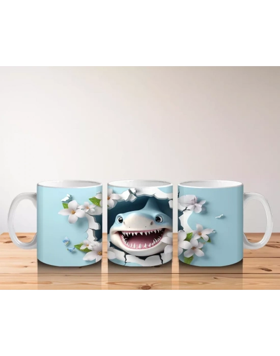 Çiçekler Arasında Neşeli Köpekbalığı – Baskılı Kahve Kupası