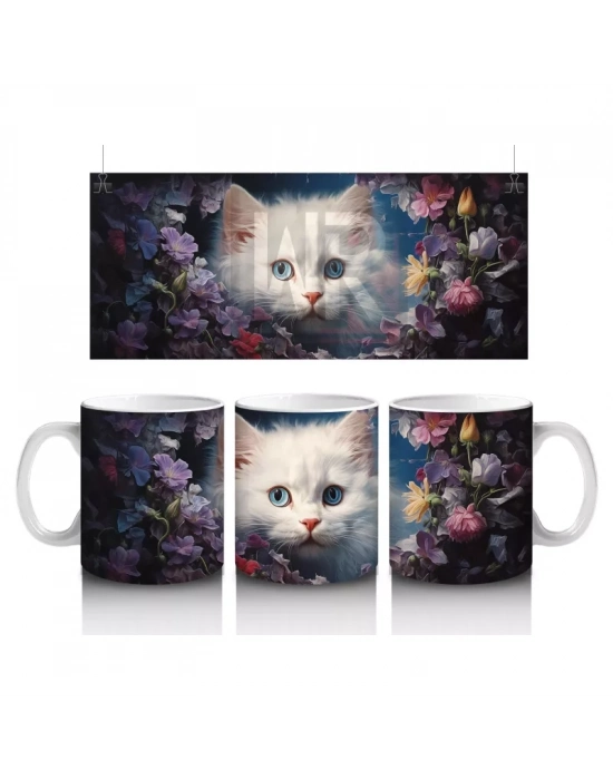 Çiçekler Arasında Oturan Beyaz Yavru Kedi – Baskılı Kahve Kupası