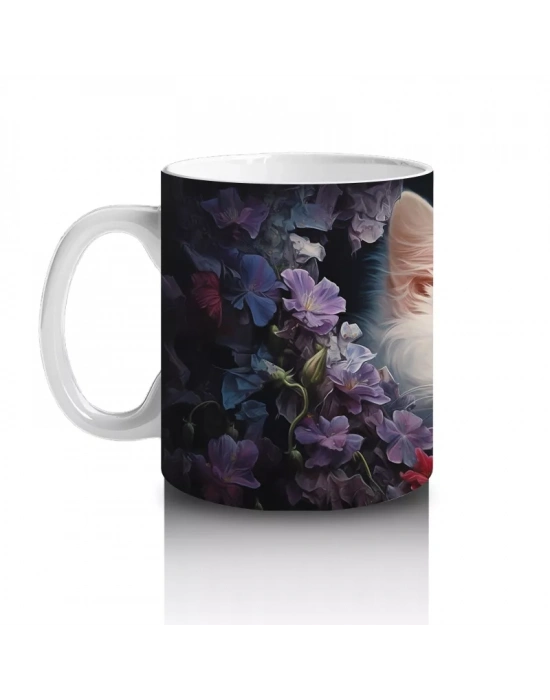 Çiçekler Arasında Oturan Beyaz Yavru Kedi – Baskılı Kahve Kupası