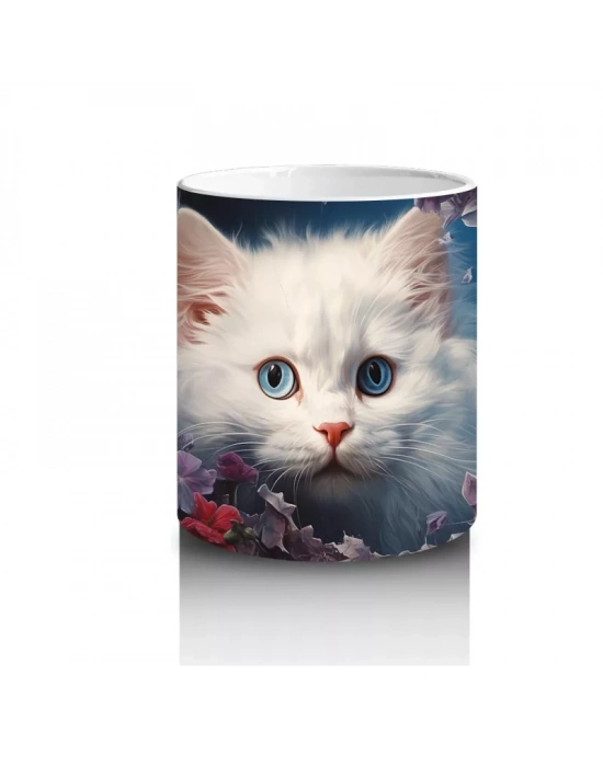 Çiçekler Arasında Oturan Beyaz Yavru Kedi – Baskılı Kahve Kupası