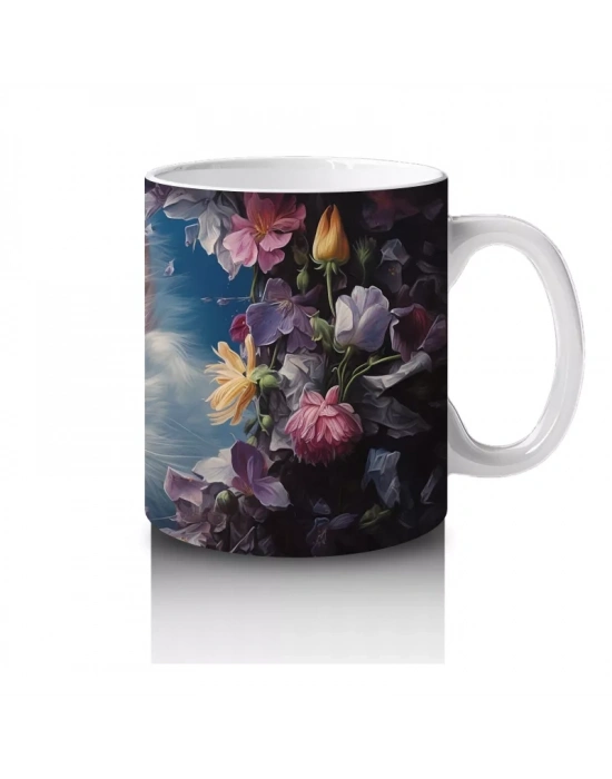 Çiçekler Arasında Oturan Beyaz Yavru Kedi – Baskılı Kahve Kupası