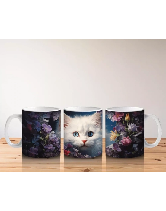 Çiçekler Arasında Oturan Beyaz Yavru Kedi – Baskılı Kahve Kupası