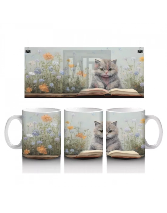 Çiçekler Arasında Oturan Gri Kedi – Baskılı Kahve Kupası