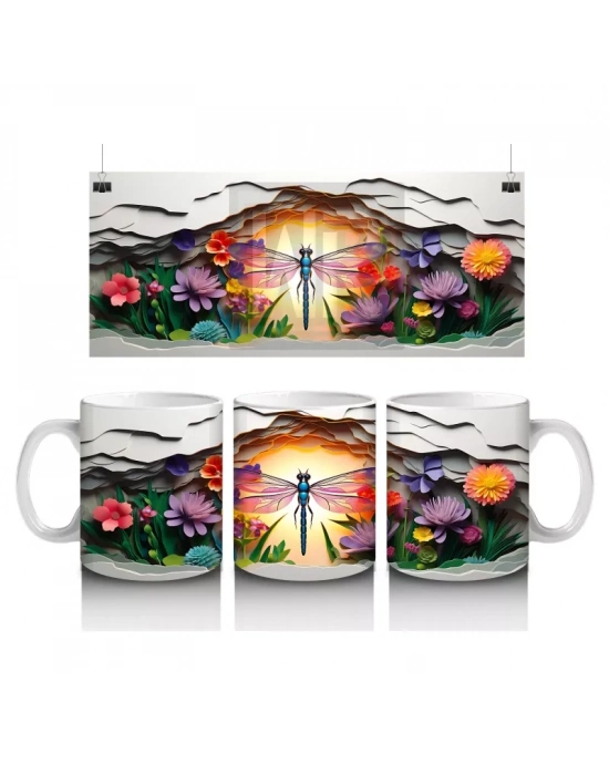 Çiçekler Arasında Parlayan Gün Batımı ve Kelebek – Baskılı Kahve Kupası