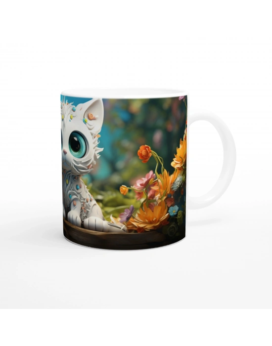 Çiçekler Arasında Parlayan Sevimli Kedi Temalı Baskılı Kupa Bardak