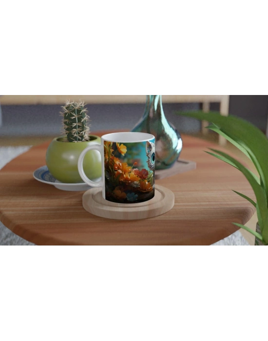 Çiçekler Arasında Parlayan Sevimli Kedi Temalı Baskılı Kupa Bardak