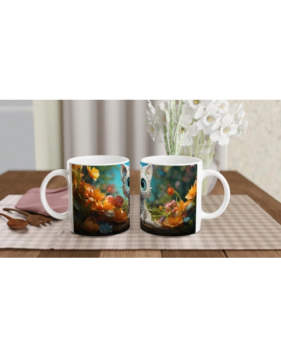 Çiçekler Arasında Parlayan Sevimli Kedi Temalı Baskılı Kupa Bardak