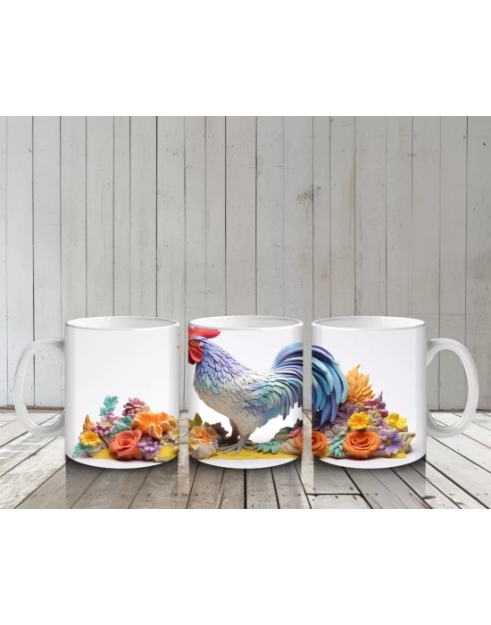 Çiçekler Arasında Renkli Horoz – Baskılı Kahve Kupası