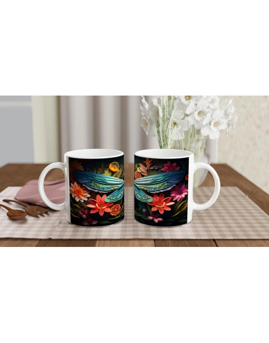 Çiçekler Arasında Renkli Yusufçuk Temalı Baskılı Kupa Bardak