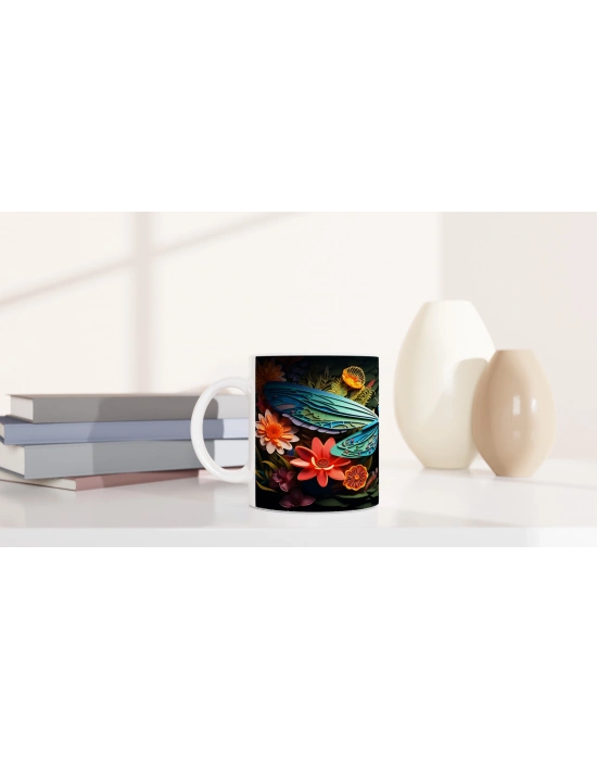 Çiçekler Arasında Renkli Yusufçuk Temalı Baskılı Kupa Bardak