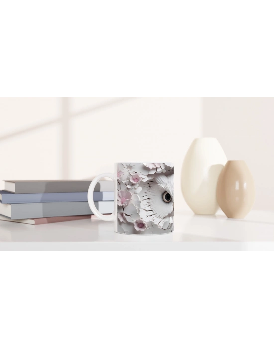 Çiçekler Arasında Saklanan Beyaz Baykuş Baskılı Kupa Bardak