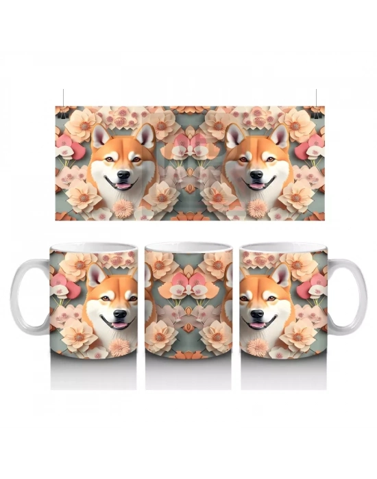 Çiçekler Arasında Sevimli Shiba İnu Çifti – Baskılı Kahve Kupası