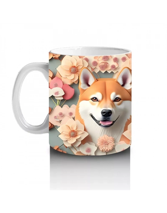 Çiçekler Arasında Sevimli Shiba İnu Çifti – Baskılı Kahve Kupası