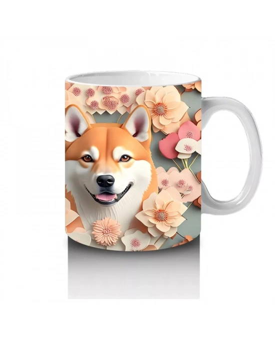 Çiçekler Arasında Sevimli Shiba İnu Çifti – Baskılı Kahve Kupası