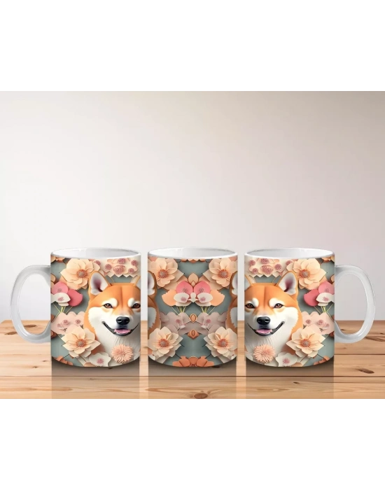 Çiçekler Arasında Sevimli Shiba İnu Çifti – Baskılı Kahve Kupası