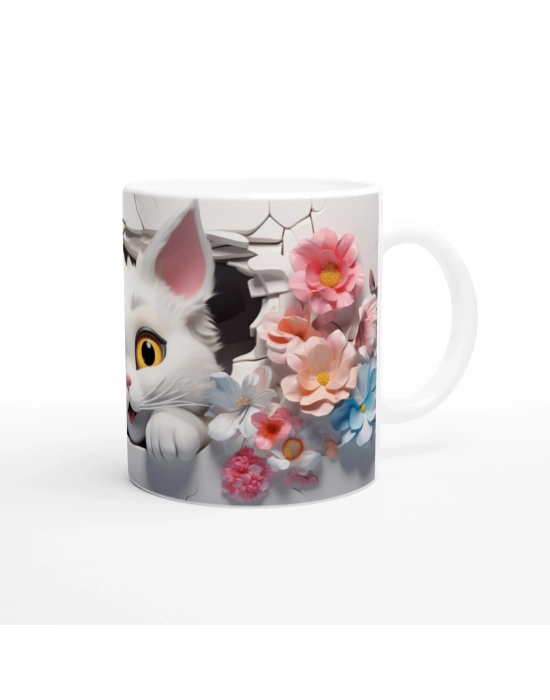 Çiçekler Arasından Bakan Neşeli Kedi Baskılı Kupa Bardak
