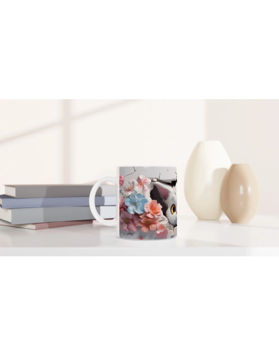 Çiçekler Arasından Bakan Neşeli Kedi Baskılı Kupa Bardak