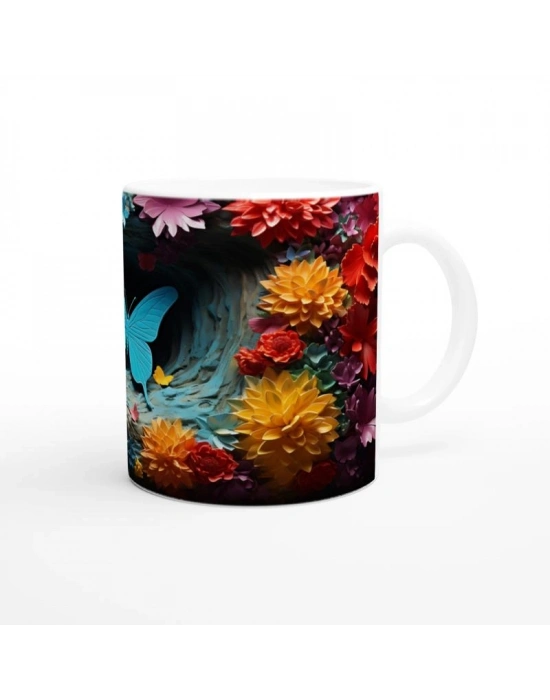 Çiçekler Bahçesinde Parlayan Mavi Kelebek Baskılı Kupa Bardak