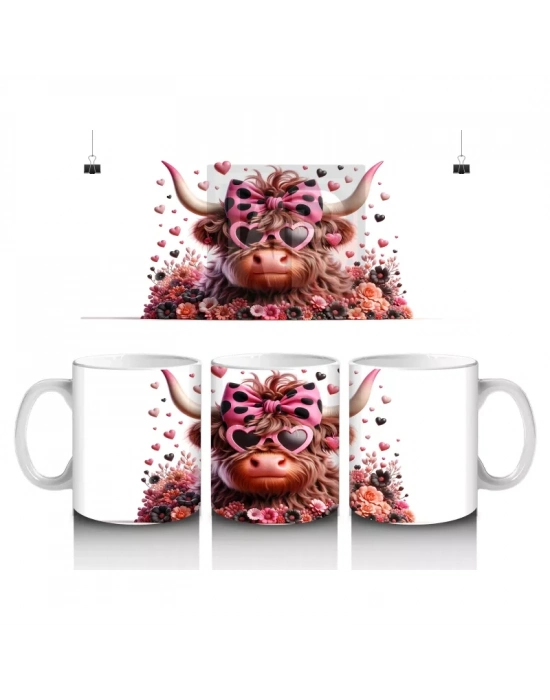 Çiçekler ve Kalplerle Süslenmiş Boğa Figürü – Baskılı Kahve Kupası