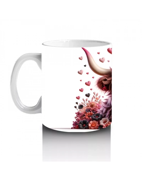 Çiçekler ve Kalplerle Süslenmiş Boğa Figürü – Baskılı Kahve Kupası