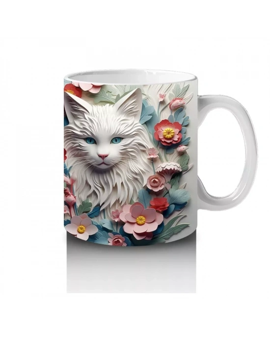 Çiçekler ve Yapraklarla Çevrili Kedi İkilisi – Baskılı Kahve Kupası