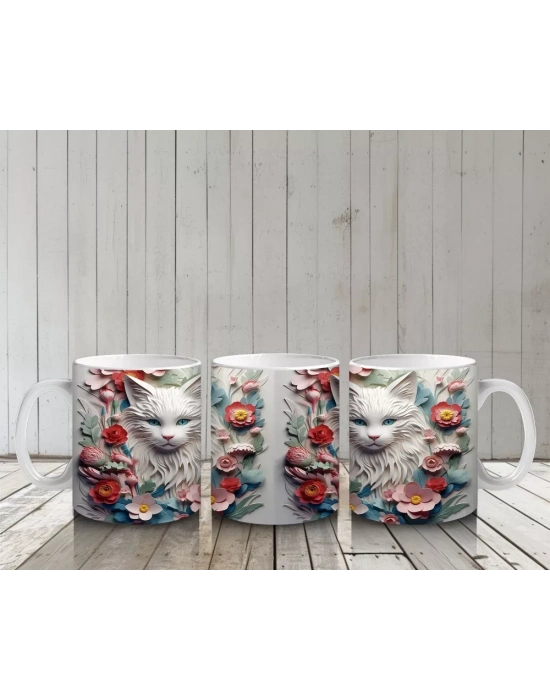 Çiçekler ve Yapraklarla Çevrili Kedi İkilisi – Baskılı Kahve Kupası