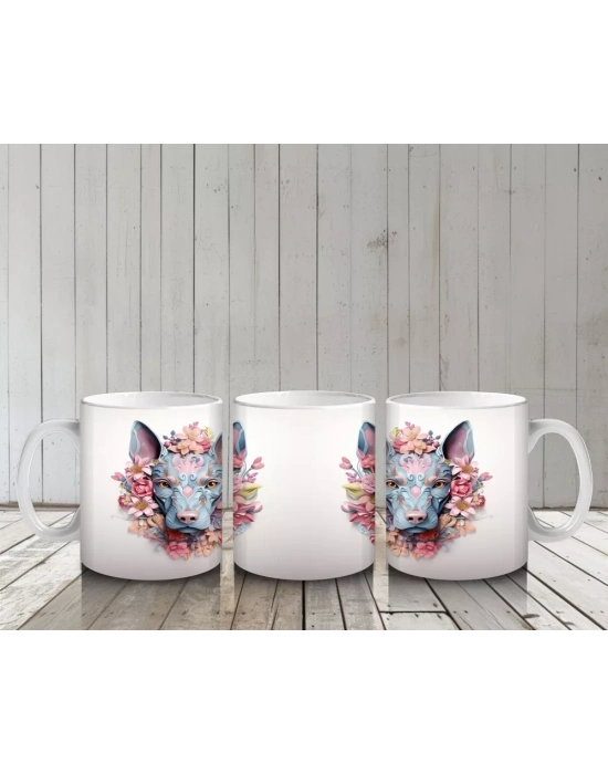 Çiçeklerden Oluşmuş Renkli Köpek Kafaları (Simetrik) - Baskılı kahve kupası