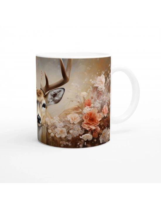 Çiçeklerin Arasında Asaletle Duran Geyik Temalı Baskılı Kupa Bardak