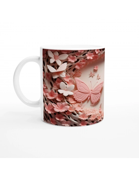 Çiçeklerin Kalbinde Dans Eden İkili Kelebek Temalı Baskılı Kupa Bardak