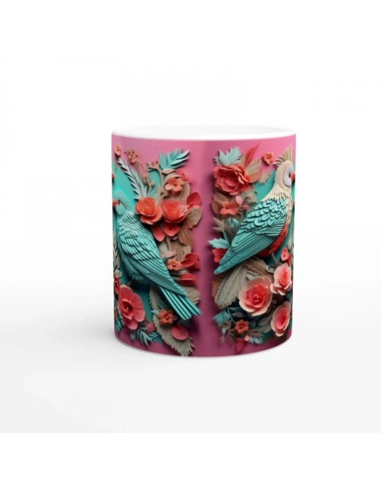 Çiçeklerle Bezenmiş Renkli Papağanlar Baskılı Kupa Bardak