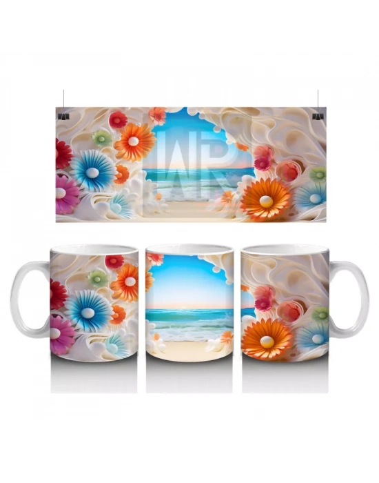 Çiçeklerle Çerçevelenmiş Tropik Plaj Manzarası – Baskılı Kahve Kupası