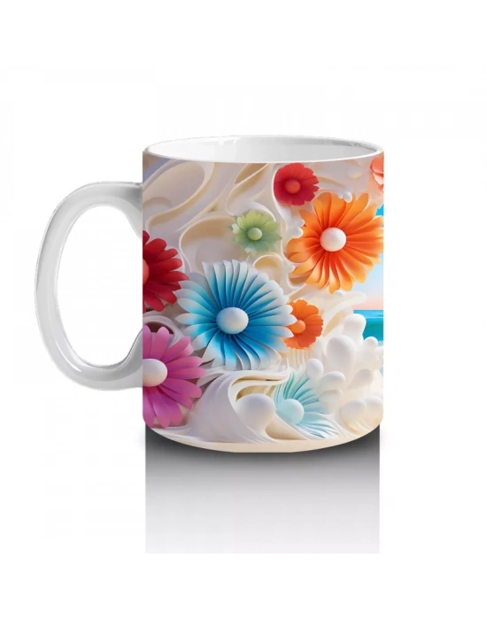 Çiçeklerle Çerçevelenmiş Tropik Plaj Manzarası – Baskılı Kahve Kupası