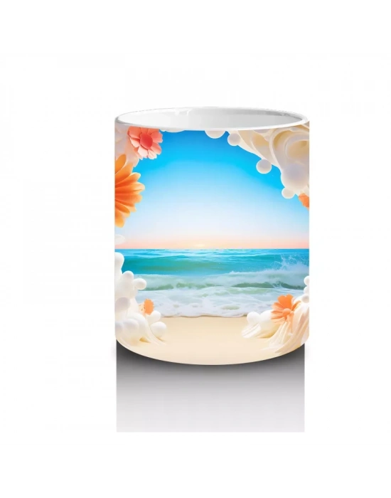 Çiçeklerle Çerçevelenmiş Tropik Plaj Manzarası – Baskılı Kahve Kupası