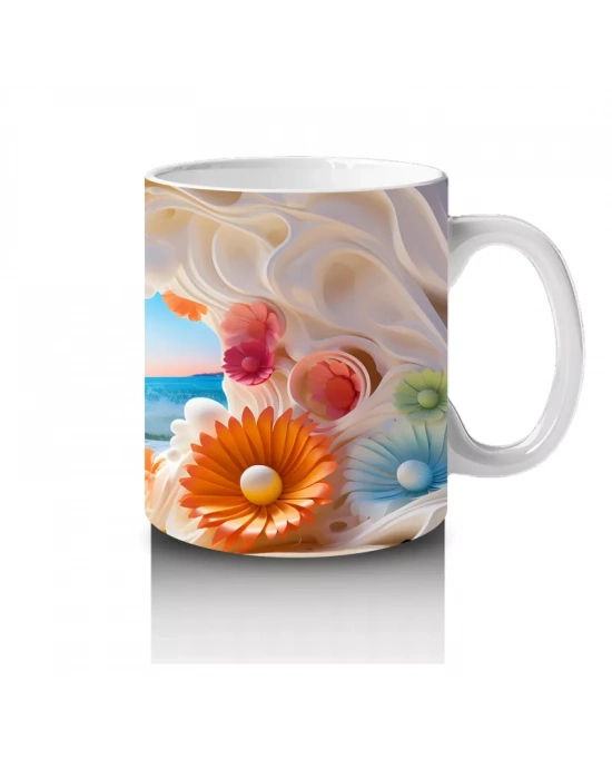 Çiçeklerle Çerçevelenmiş Tropik Plaj Manzarası – Baskılı Kahve Kupası