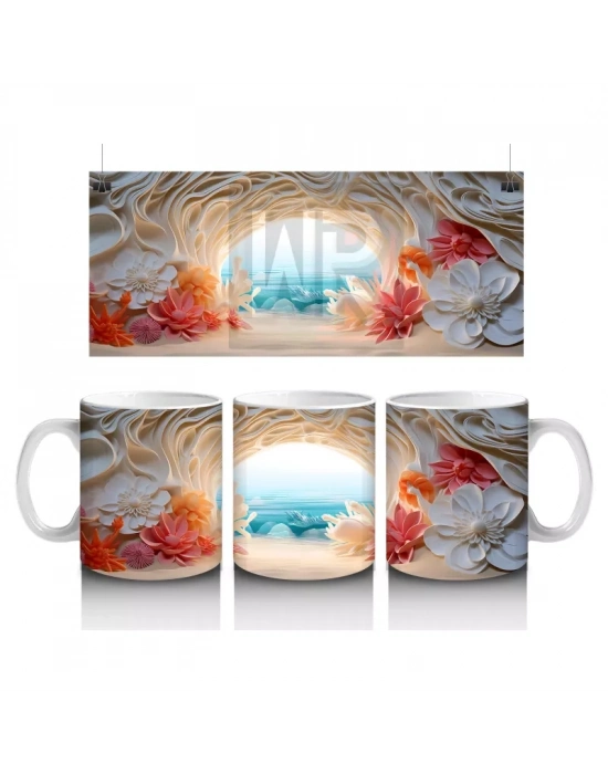 Çiçeklerle Çevrili Masalsı Deniz Manzarası – Baskılı Kahve Kupası