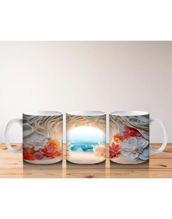 Çiçeklerle Çevrili Masalsı Deniz Manzarası – Baskılı Kahve Kupası