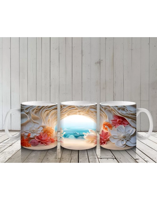 Çiçeklerle Çevrili Masalsı Deniz Manzarası – Baskılı Kahve Kupası