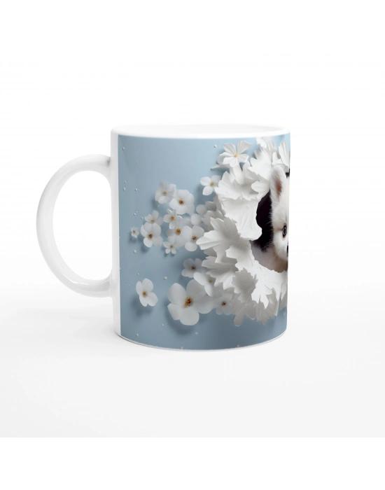 Çiçeklerle Çevrili Masum Pomeranian Temalı Baskılı Kupa Bardak