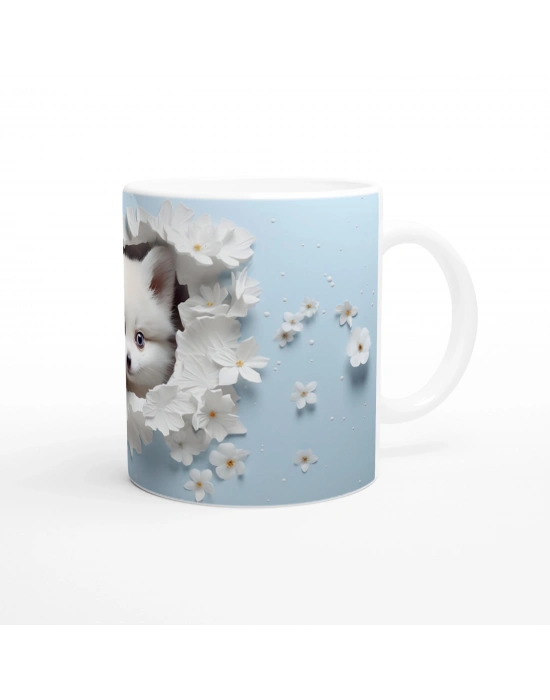 Çiçeklerle Çevrili Masum Pomeranian Temalı Baskılı Kupa Bardak