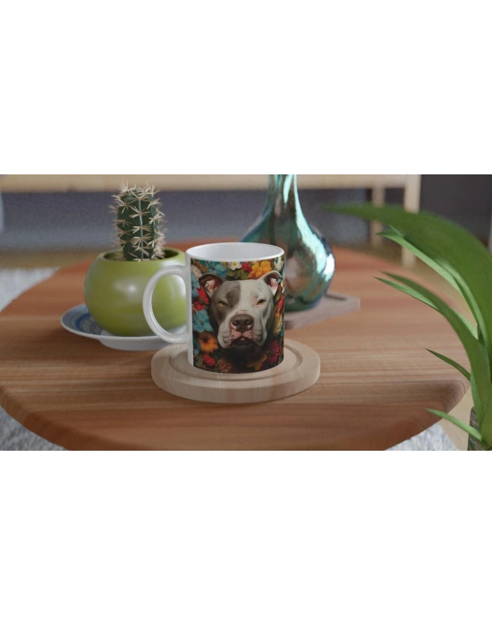 Çiçeklerle Çevrili Sevecen Pitbull Baskılı Kupa Bardak