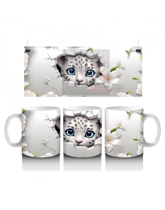 Çiçeklerle Kaplı Çatlakta Mavi Gözlü Kedi – Baskılı Kahve Kupası